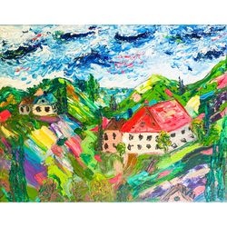 Valley House Painting Vermont Original Art Oil Canvas Painting Impasto Wall Art 14 by 11 Wild Field Terraced House Valle