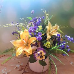 Lilies and pansies arrangement, Silk floral centerpiece, Faux flower arrangement, Purple and yellow flower arrangement
