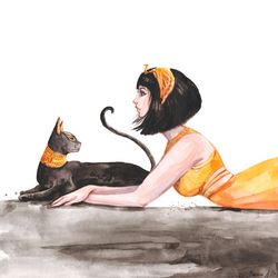 Cleopatra Painting Egyptian Goddess Original Art Bastet Watercolor Egyptian Cat Artwork
