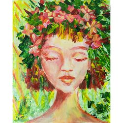 Original Art Woman Contemporary Painting Whimsical Face Portrait Modern Floral Decor Summer Artwork 8x10