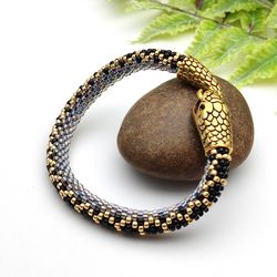 Snake bead bracelet handmade, Gray black bracelet, Ouroboros bracelet