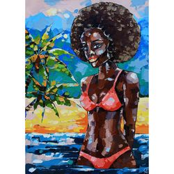 Black Female Painting African Woman Original Art Palm Tree Artwork Beach Wall Art Oil Canvas 28 by 20 inch
