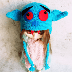 Blythe hat crochet blue Vampire with red fangs