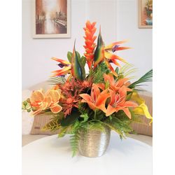Artificial Tropical Arrangement, Orchid and Lily Centerpiece,  Faux flowers arrangement in tropical style, Table decor