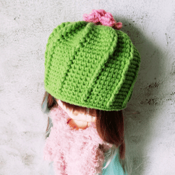 Blythe hat crochet green Cactus with pink flower for custom blythe halloween clothes blythe outfit doll hat