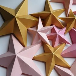 Pink gold 3d paper stars set