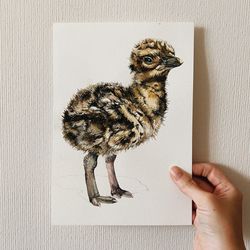 Original watercolor Cute Baby Ostrich, illustration on paper, size 5,5"x9"