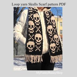 Finger knitted Loop yarn Skulls print Scarf pattern PDF Download