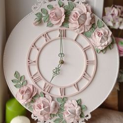 Large wall clock with roses Shabby chic decor Pink wall clock Silent wall clock for bedroom Wedding gift