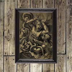 Sinner and demons in hell. Satanic wall decoration. Gloomy art print. Fantastic poster. Demonic style art. 732.