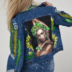 Denim jacket for women, black afro woman art, hand painted clothing, blue jeans jacket for girl, painting custom