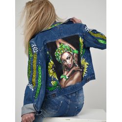 Denim jacket for women, black afro woman art, hand painted clothing, blue jeans jacket for girl, painting custom