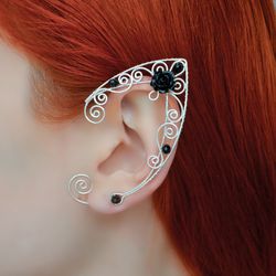 Elf ear cuffs no piercing, Fairy ear wraps, Elven earrings black rose