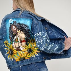 Denim jacket women, hand painted denim jacket, designer jacket jean, wearable art coat, black girl art clothes
