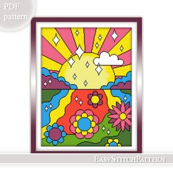 Abstract cross stitch pattern. Hippie style cross stitch pattern. Geometric cross stitch.