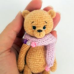 Miniature teddy bear, Plush bear toy, Crocheted animals, Miniature Amigurumi, Micro bear, Dollhouse toys, pocket