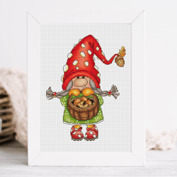 Mushroom gnome cross stitch pattern PDF,  amanita gnome, girl cross stitch, amanita cross stitch