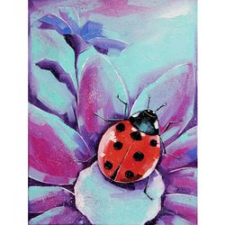 Ladybug Painting Floral Original Art Farmhouse Artwork Kids Room Wall Art Oil Canvas 12 by 16 in