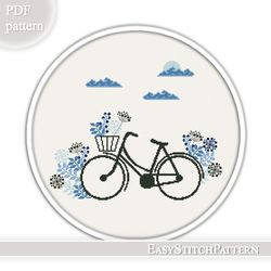 Bike cross stitch pattern. Bicycle cross stitch pattern. Floral cross stitch.