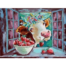 Cow Painting Animal Original Art Strawberry Wall Art Kitchen Artwork farm Decor 16 by 20 inch ARTbyAnnaSt