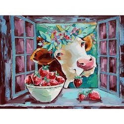 Cow Painting Animal Original Art Strawberry Wall Art Kitchen Artwork farm Decor 16 by 20 inch ARTbyAnnaSt