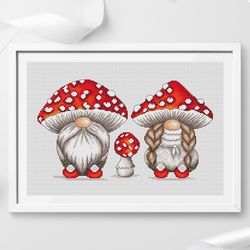 Amanita gnomes cross stitch pattern pdf, gnome in mushroom hat, funny gnomes, funny cross stitch