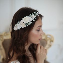 White flower crown, Wedding Flower Crown, Side Flower crown, Bohemian crown, Flower Girl Crown, Rose Flower Headband