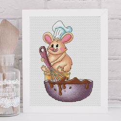 Mouse cross stitch pattern PDF, chef mouse, animal cross stitch, funny cross stitch