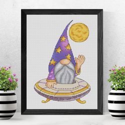 Space gnome cross stitch pattern PDF, flying saucer, galaxy gnome, counted cross stitch