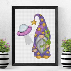 Gnome cross stitch pattern, alien cross stitch, space gnome, outer space, UFO cross stitch