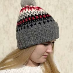 Grey warm jacquard knitted hat