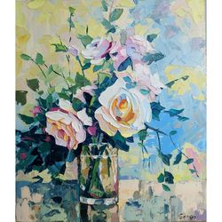 white roses oil painting original art flowers