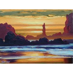 Sunset on the beach in Oregon Original Artwork Oil Painting Cardboard
