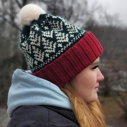 Jacquard warm winter pompom hat handmade