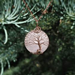 Rose Quartz Tree Of Life Pendant, Celtic Pink Necklace, 7th Wedding Anniversary Gift, Quartz Amulet Necklace, Talisman