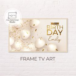 Samsung Frame TV Art | Custom Personalized Gold and White Balloons Lettering Decor Happy Birthday Art for Frame Tv
