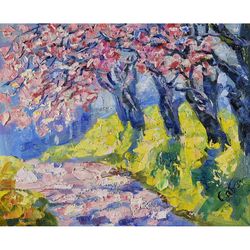 cherry blossoms painting spring landscape original art park alley flowering tree small plein air impressionism artwork
