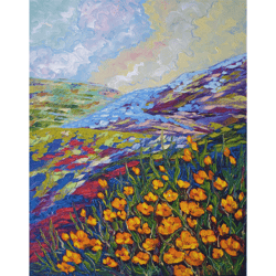 California Poppy Painting Landscape Original Art Floral Wall Art Wildflower Artwork Impasto Oil Painting