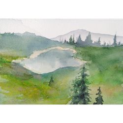 Pine Tree Painting Lake Original Watercolor Mountain Art Pacific Northwest Wall Art Landscape Artwork 5x7 by Sonnegold