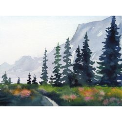 Pine Tree Painting Mountain Original Watercolor Forest Art Pacific Northwest Wall Art Landscape Artwork 5x7 by Sonnegold