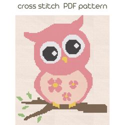 Pink owl cross pattern Kids embroidery PDF Pattern /74/