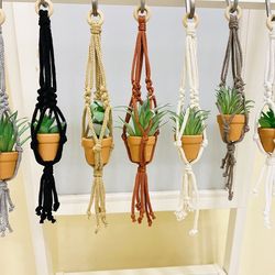 Macrame Plant Hanger, Mirror Car Hanger, Planter with Faux Succulent and Terracotta Clay Pot for Auto, Truck Accessories