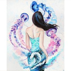Woman Oil Painting Sea Original Art Jellyfish Artwork on Wave Painting on Canvas Ocean Wall Art