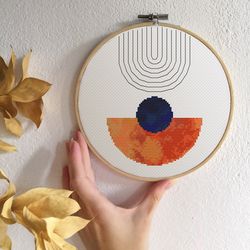 Modern cross stitch pattern Navy and orange cross stitch PDF Boho cross stitch Mid century modern