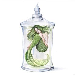 Mermaid Painting Green Mermaid Original Art Mermaid in Bottle Watercolor Artwork