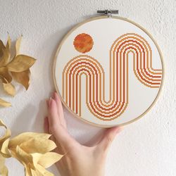 boho cross stitch pattern modern cross stitch pdf abstract xstitch burnt orange geometric rainbow and sun