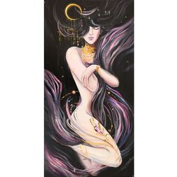 Moon Goddess Painting Night Goddess Original Art Fantasy Oil Painting on Canvas Woman Artwork