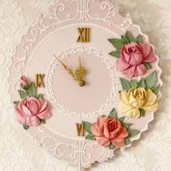Pink wall clock with roses Shabby chic wall decor Large wall clock for Farmhouse Wedding gift clock Housewarming gift