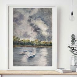 Original Watercolor painting landscape marine scenery yacht boat 7.8 x 11.6'' inches unframed
