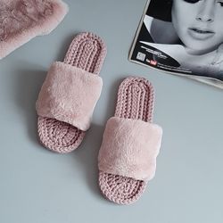 House slippers of pale pink color for on Fur slippers open toe